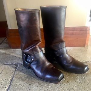 Frye harness boots with buckle detail.